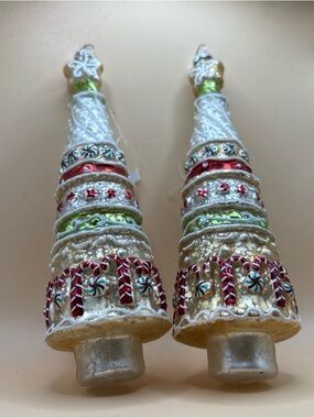 2 tree Holiday Peppermint Candy Tower Christmas Ornaments by RAZ blown glass